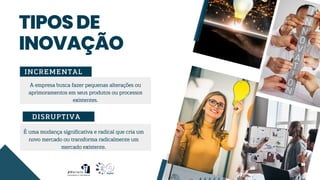 TIPOSDE
INOVAÇÃO
INCREMENTAL
A empresa busca fazer pequenas alterações ou
aprimoramentos em seus produtos ou processos
existentes.
É uma mudança significativa e radical que cria um
novo mercado ou transforma radicalmente um
mercado existente.
DISRUPTIVA
 