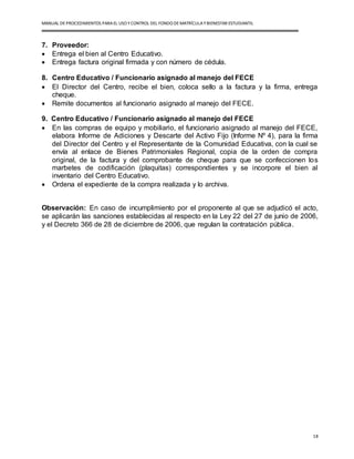 MANUAL DEPROCEDIMIENTOS PARA EL USO YCONTROL DEL FONDO DEMATRÍCULAYBIENESTAR ESTUDIANTIL
18
7. Proveedor:
 Entrega el bien al Centro Educativo.
 Entrega factura original firmada y con número de cédula.
8. Centro Educativo / Funcionario asignado al manejo del FECE
 El Director del Centro, recibe el bien, coloca sello a la factura y la firma, entrega
cheque.
 Remite documentos al funcionario asignado al manejo del FECE.
9. Centro Educativo / Funcionario asignado al manejo del FECE
 En las compras de equipo y mobiliario, el funcionario asignado al manejo del FECE,
elabora Informe de Adiciones y Descarte del Activo Fijo (Informe Nº 4), para la firma
del Director del Centro y el Representante de la Comunidad Educativa, con la cual se
envía al enlace de Bienes Patrimoniales Regional, copia de la orden de compra
original, de la factura y del comprobante de cheque para que se confeccionen los
marbetes de codificación (plaquitas) correspondientes y se incorpore el bien al
inventario del Centro Educativo.
 Ordena el expediente de la compra realizada y lo archiva.
Observación: En caso de incumplimiento por el proponente al que se adjudicó el acto,
se aplicarán las sanciones establecidas al respecto en la Ley 22 del 27 de junio de 2006,
y el Decreto 366 de 28 de diciembre de 2006, que regulan la contratación pública.
 