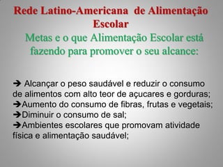 Rede Latino-Americana de Alimentação
                 Escolar
  Metas e o que Alimentação Escolar está
   fazendo para promover o seu alcance:

 Alcançar o peso saudável e reduzir o consumo
de alimentos com alto teor de açucares e gorduras;
Aumento do consumo de fibras, frutas e vegetais;
Diminuir o consumo de sal;
Ambientes escolares que promovam atividade
física e alimentação saudável;
 