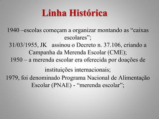 Linha Histórica
1940 –escolas começam a organizar montando as “caixas
                     escolares”;
 31/03/1955, JK assinou o Decreto n. 37.106, criando a
        Campanha da Merenda Escolar (CME);
 1950 – a merenda escolar era oferecida por doações de
                instituições internacionais;
1979, foi denominado Programa Nacional de Alimentação
           Escolar (PNAE) - “merenda escolar”;
 