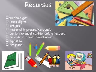 Recursos
quadro e giz
 lousa digital
 artigos
 material impresso/xerocado
 cartolina/papel cartão, cola e tesoura
 Sala de informática/internet
 Apostila
 Projetos
 