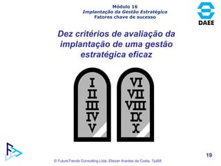 Dez critérios de avaliação da implantação de uma gestão estratégica eficaz Módulo 16 Implantação da Gestão Estratégica Fatores chave de sucesso 