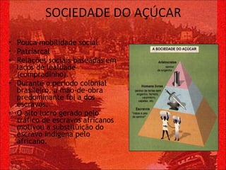 SOCIEDADE DO AÇÚCAR Pouca mobilidade social Patriarcal Relações sociais baseadas em laços de lealdade (compradinho). Durante o período colonial brasileiro, a mão-de-obra predominante foi a dos escravos. O alto lucro gerado pelo tráfico de escravos africanos motivou a substituição do escravo indígena pelo africano. 