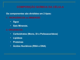 COMPOSIÇÃO QUÍMICA DA CÉLULA

Os componentes são divididos em 2 tipos:
1. INORGÂNICOS ou MINERAIS:
   •   Água
   •   Sais Minerais.
2. ORGÂNICOS:
   •   Carboidratos (Mono, Di e Polissacarídeos)
   •   Lipídeos
   •   Proteínas
   •   Ácidos Nucléicos (RNA e DNA)
 