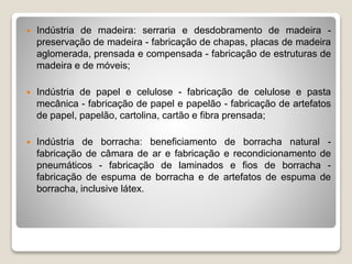  Indústria de madeira: serraria e desdobramento de madeira -
preservação de madeira - fabricação de chapas, placas de madeira
aglomerada, prensada e compensada - fabricação de estruturas de
madeira e de móveis;
 Indústria de papel e celulose - fabricação de celulose e pasta
mecânica - fabricação de papel e papelão - fabricação de artefatos
de papel, papelão, cartolina, cartão e fibra prensada;
 Indústria de borracha: beneficiamento de borracha natural -
fabricação de câmara de ar e fabricação e recondicionamento de
pneumáticos - fabricação de laminados e fios de borracha -
fabricação de espuma de borracha e de artefatos de espuma de
borracha, inclusive látex.
 
