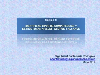 IDENTIFICAR TIPOS DE COMPETENCIAS Y
ESTRUCTURAR NIVELES, GRUPOS Y ALCANCE




                     Olga Isabel Santamaría Rodríguez
                 oisantamariar@unipanamericana.edu.co
                                            Mayo 2012
 