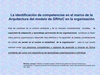La identificación de competencias en el marco de la
Arquitectura del modelo de GRHxC en la organización

Ante las presiones de un entorno cambiante y de un mercado crecientemente                             complejo,        la

capacidad de adaptación y aprendizaje permanente de las organizaciones constituye un factor

crítico para su supervivencia y desarrollo. Nos referimos a “la capacidad de adaptar constantemente

las rutinas sin perder en el cambio la estabilidad de la organización“*, para lo cual resulta

esencial contar con personas competentes y capaces de aprender e innovar en forma

constante así como con dispositivos de aprendizaje organizacional e individual.



                 Mertens, Leonard, ”Diseñar un modelo integral y dinámico de gestión de recursos humanos por
                 competencias”, Programa formación de formadores por competencias, Centro Internacional de formación de la
                 OIT, 2003
 