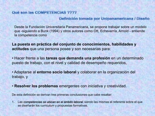 Desde la Fundación Universitaria Panamericana, se propone trabajar sobre un modelo
 que -siguiendo a Bunk (1994) y otros autores como Ott, Echeverría, Arnold - entiende
 la competencia como

La puesta en práctica del conjunto de conocimientos, habilidades y
actitudes que una persona posee y son necesarias para:

• Hacer frente a las tareas que demanda una profesión en un determinado
puesto de trabajo, con el nivel y calidad de desempeño requeridos,

• Adaptarse al entorno socio laboral y colaborar en la organización del
trabajo, y

• Resolver los problemas emergentes con iniciativa y creatividad.

De esta definición se derivan tres primeras conclusiones que cabe resaltar:

1.   Las competencias se ubican en el ámbito laboral, siendo las mismas el referente sobre el que
     se diseñarán los curriculum y propuestas formativas.
 