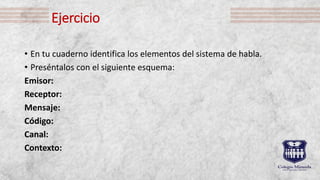 Ejercicio
• En tu cuaderno identifica los elementos del sistema de habla.
• Preséntalos con el siguiente esquema:
Emisor:
Receptor:
Mensaje:
Código:
Canal:
Contexto: