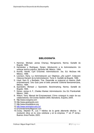 DiplomadoParael Desarrollode AltoDesempeño
Profesor: Miguel Ángel Frías P. 27 | P á g i n a
BIBLIOGRAFÍA
1. Hammer, Michael, James Champy. Reingeniería. Norma. Santafé de
Bogotá. 1994.
2. Hernández y Rodríguez, Sergio. Introducción a la Administración. Un
enfoque teórico práctico. McGraw Hill. México. 1994.
3. Koontz, Harold, Cyril O’Donnel. Administración. 3ra. Ed. McGraw Hill.
México, 1999.
4. Levinson, Harry. La Administración por Objetivos ¿De quién?, Colección
Clásicos Harvard de la Administración. Tomo II. Santafé de Bogotá, 1986.
5. Lloyd, Sam R. y Berthelot, Tina. Desarrolle su potencial al máximo (Self-
empowerment). Una Guía para el éxito personal. Editorial Iberoamericana,
México, 1994.
6. Spendolini, Michael J. Spendolini. Benchmarking. Norma. Santafé de
Bogotá. 1994.
7. Stoner, James A. F., Charles Wankel. Administración. 3ra. Ed. PrenticeHall.
México, 1985.
8. Wilson, Terry. Manual del Empowerment. Cómo conseguir lo mejor de sus
colaboradores. Edi-ciones Gestión 2000, Barcelona, España, 2004.
9. http://www.sixsigma.com
10.http://www.gestiopolis.com
11.http://www.elcastellano.org
12.http://www.remington.edu.co/
13.EmprendimientoyNegocios.com
14.Covey, Stephen R., Los 7 hábitos de la gente altamente efectiva : la
revolución ética en la vicia cotidiana y en la empresa. 1" ed. II" reirnp.-
Buenos Aires Paidós, 2003.
 