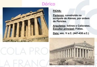 Dórico
FICHA:
Partenon, construído na
acrópole de Atenas, por ordem
de Péricles.
Arquitetos: Ictinos e Calícrates.
Escultor principal: Fídias.
Data: séc. V a.C. (447-438 a.C.)
 