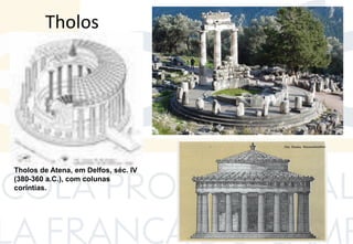 Tholos
Tholos de Atena, em Delfos, séc. IV
(380-360 a.C.), com colunas
coríntias.
 