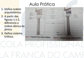 Aula Prática
1. Defina ordem
arquitetónica.
2. A partir das
figuras 1 e 2,
diferencia a
ordem dórica da
jónica.
3. Defina sistema
trilítico.
 