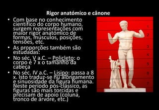 Rigor anatómico e cânone
• Com base no conhecimento
científico do corpo humano,
surgem representações com
maior rigor anatómico de
formas, músculos, posições,
tensões, etc.
• As proporções também são
estudadas:
• No séc. V a.C. – Policleto: o
corpo é 7 x o tamanho da
cabeça
• No séc. IV a.C. – Lisipo: passa a 8
x. Isto traduz-se nu alongamento
e sinuosidade da figura humana.
Neste período pós-clássico, as
figuras são mais torcidas e
precisam de apoio (coluna,
tronco de árvore, etc.)
1
5
6
7
4
3
2
 