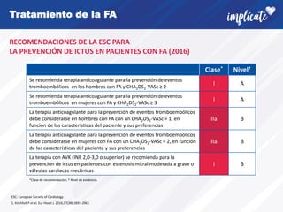 Tratamiento de la FA
Clase* Nivel†
Se recomienda terapia anticoagulante para la prevención de eventos
tromboembólicos en los hombres con FA y CHA2DS2-VASc ≥ 2
I A
Se recomienda terapia anticoagulante para la prevención de eventos
tromboembólicos en mujeres con FA y CHA2DS2-VASc ≥ 3
I A
La terapia anticoagulante para la prevención de eventos tromboembólicos
debe considerarse en hombres con FA con un CHA2DS2-VASc = 1, en
función de las características del paciente y sus preferencias
IIa B
La terapia anticoagulante para la prevención de eventos tromboembólicos
debe considerarse en mujeres con FA con un CHA2DS2-VASc = 2, en función
de las características del paciente y sus preferencias
IIa B
La terapia con AVK (INR 2,0-3,0 o superior) se recomienda para la
prevención de ictus en pacientes con estenosis mitral moderada a grave o
válvulas cardiacas mecánicas
I B
RECOMENDACIONES DE LA ESC PARA
LA PREVENCIÓN DE ICTUS EN PACIENTES CON FA (2016)
*Clase de recomendación; † Nivel de evidencia.
1. Kirchhof P et al. Eur Heart J. 2016;37(38):2893-2962.
ESC: European Society of Cardiology.
 