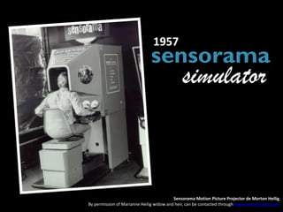 1957
                              sensorama
                                             simulator



                                          Sensorama Motion Picture Projector de Morton Heilig,
By permission of Marianne Heilig widow and heir, can be contacted through www.mortonheilig.com
 