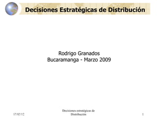 Decisiones Estratégicas de Distribución




                                       Rodrigo Granados
                                   Bucaramanga - Marzo 2009




                                        Decisiones estratégicas de
        17/03/12
Distributor Management Programme              Distribución           R20021101   01 1 Introduction
                                                                                    –
 