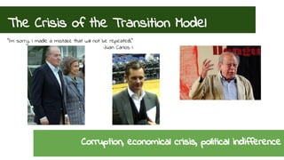The Crisis of the Transition Model 
“I’m sorry. I made a mistake that will not be repeated.” 
Juan Carlos I 
Corruption, economical crisis, political indifference 
 