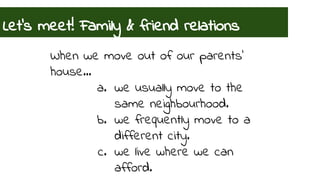 Let’s meet! Family & friend relations 
When we move out of our parents’ 
house… 
a. we usually move to the 
same neighbourhood. 
b. we frequently move to a 
different city. 
c. we live where we can 
afford. 
 