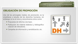  Haga clic para modificar el estilo de texto del patrón
 Segundo nivel
 Tercer nivel
 Cuarto nivel
 Quinto nivel
OBLIGACIÓN DE PROMOCIÓN
Uno de los principales medios de promoción, es la
enseñanza y estudio de los derechos humanos, sin
embargo no es el único y encontramos otros como:
 Propuestas de reforma a las leyes.
 Publicación de material didáctico y bibliográfico
creación de indicadores.
 Campañas de información y sensibilización, etc.
 