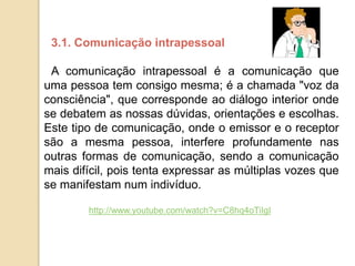3.1. Comunicação intrapessoal
A comunicação intrapessoal é a comunicação que
uma pessoa tem consigo mesma; é a chamada "vo...