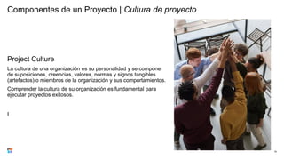 Project Culture
La cultura de una organización es su personalidad y se compone
de suposiciones, creencias, valores, normas y signos tangibles
(artefactos) o miembros de la organización y sus comportamientos.
Comprender la cultura de su organización es fundamental para
ejecutar proyectos exitosos.
I
14
Componentes de un Proyecto | Cultura de proyecto
 