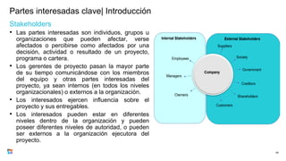 Partes interesadas clave| Introducción
Stakeholders
• Las partes interesadas son individuos, grupos u
organizaciones que pueden afectar, verse
afectados o percibirse como afectados por una
decisión, actividad o resultado de un proyecto,
programa o cartera.
• Los gerentes de proyecto pasan la mayor parte
de su tiempo comunicándose con los miembros
del equipo y otras partes interesadas del
proyecto, ya sean internos (en todos los niveles
organizacionales) o externos a la organización.
• Los interesados ejercen influencia sobre el
proyecto y sus entregables.
• Los interesados pueden estar en diferentes
niveles dentro de la organización y pueden
poseer diferentes niveles de autoridad, o pueden
ser externos a la organización ejecutora del
proyecto.
64
 
