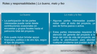 Roles y responsabilidades | Lo bueno, malo y feo
69
Project Management Institute. A guide to the project management body of knowledge
(PMBOK guide). Newtown Square, Pa: Project Management Institute, 2017.
Lo bueno
• La participación de las partes
interesadas puede variar desde
contribuciones ocasionales en
encuestas y grupos focales hasta el
patrocinio total del proyecto.
• Esto puede incluir brindar apoyo
financiero, político o de otro tipo, según
el tipo de proyecto.
Lo malo y lo feo
• Algunas partes interesadas pueden
restar valor al éxito del proyecto, ya
sea de forma pasiva o activa.
• Estas partes interesadas requieren la
atención del gerente del proyecto a lo
largo del ciclo de vida del proyecto, así
como la planificación para abordar
cualquier problema que puedan surgir.
 