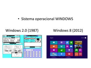 • Sistema operacional WINDOWS 
Windows 2.0 (1987) Windows 8 (2012) 
 
