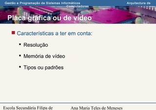 Ana Maria Teles de Meneses
Gestão e Programação de Sistemas Informáticos Arquitectura de
Computadores
Escola Secundária Filipa de
Placa gráfica ou de vídeo
 Características a ter em conta:
 Resolução
 Memória de vídeo
 Tipos ou padrões
 