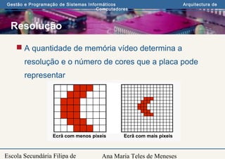 Ana Maria Teles de Meneses
Gestão e Programação de Sistemas Informáticos Arquitectura de
Computadores
Escola Secundária Filipa de
Resolução
 A quantidade de memória vídeo determina a
resolução e o número de cores que a placa pode
representar
Ecrã com menos pixeis Ecrã com mais pixeis
 