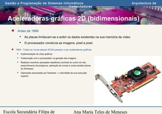 Ana Maria Teles de Meneses
Gestão e Programação de Sistemas Informáticos Arquitectura de
Computadores
Escola Secundária Filipa de
Aceleradoras gráficas 2D (bidimensionais)
 Antes de 1994
 As placas limitavam-se a exibir os dados existentes na sua memória de vídeo.
 O processador construía as imagens, pixel a pixel.
 1994 - Todas as novas placas SVGA passam a ser aceleradoras gráficas
 Implementação de chips gráficos
 Colaboração com o processador na geração das imagens
 Realizam sozinhos operações repetitivas (controle do cursor do rato,
preenchimento de polígonos, aplicação de ícones e outras tarefas típicas
do Windows)
 Operações executadas por hardware ⇒ velocidade da sua execução
superior
 
