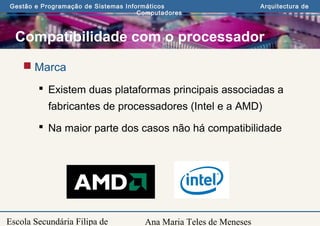 Ana Maria Teles de Meneses
Gestão e Programação de Sistemas Informáticos Arquitectura de
Computadores
Escola Secundária Filipa de
Compatibilidade com o processador
 Marca
 Existem duas plataformas principais associadas a
fabricantes de processadores (Intel e a AMD)
 Na maior parte dos casos não há compatibilidade
 
