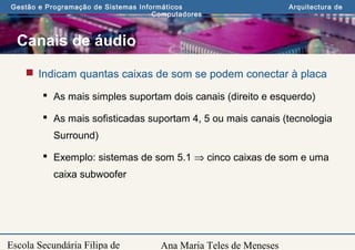 Ana Maria Teles de Meneses
Gestão e Programação de Sistemas Informáticos Arquitectura de
Computadores
Escola Secundária Filipa de
Canais de áudio
 Indicam quantas caixas de som se podem conectar à placa
 As mais simples suportam dois canais (direito e esquerdo)
 As mais sofisticadas suportam 4, 5 ou mais canais (tecnologia
Surround)
 Exemplo: sistemas de som 5.1 ⇒ cinco caixas de som e uma
caixa subwoofer
 