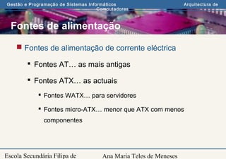 Ana Maria Teles de Meneses
Gestão e Programação de Sistemas Informáticos Arquitectura de
Computadores
Escola Secundária Filipa de
Fontes de alimentação
 Fontes de alimentação de corrente eléctrica
 Fontes AT… as mais antigas
 Fontes ATX… as actuais
 Fontes WATX… para servidores
 Fontes micro-ATX… menor que ATX com menos
componentes
 