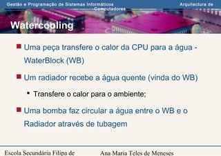 Ana Maria Teles de Meneses
Gestão e Programação de Sistemas Informáticos Arquitectura de
Computadores
Escola Secundária Filipa de
Watercooling
 Uma peça transfere o calor da CPU para a água -
WaterBlock (WB)
 Um radiador recebe a água quente (vinda do WB)
 Transfere o calor para o ambiente;
 Uma bomba faz circular a água entre o WB e o
Radiador através de tubagem
 