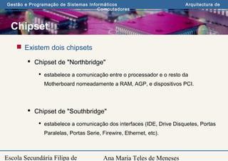 Ana Maria Teles de Meneses
Gestão e Programação de Sistemas Informáticos Arquitectura de
Computadores
Escola Secundária Filipa de
Chipset
 Existem dois chipsets
 Chipset de "Northbridge"
 estabelece a comunicação entre o processador e o resto da
Motherboard nomeadamente a RAM, AGP, e dispositivos PCI.
 Chipset de "Southbridge"
 estabelece a comunicação dos interfaces (IDE, Drive Disquetes, Portas
Paralelas, Portas Serie, Firewire, Ethernet, etc).
 