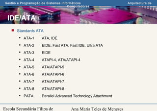 Ana Maria Teles de Meneses
Gestão e Programação de Sistemas Informáticos Arquitectura de
Computadores
Escola Secundária Filipa de
IDE/ATA
 Standards ATA
 ATA-1 ATA, IDE
 ATA-2 EIDE, Fast ATA, Fast IDE, Ultra ATA
 ATA-3 EIDE
 ATA-4 ATAPI-4, ATA/ATAPI-4
 ATA-5 ATA/ATAPI-5
 ATA-6 ATA/ATAPI-6
 ATA-7 ATA/ATAPI-7
 ATA-8 ATA/ATAPI-8
 PATA Parallel Advanced Technology Attachment
 
