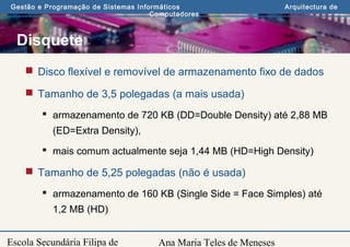 Ana Maria Teles de Meneses
Gestão e Programação de Sistemas Informáticos Arquitectura de
Computadores
Escola Secundária Filipa de
Disquete
 Disco flexível e removível de armazenamento fixo de dados
 Tamanho de 3,5 polegadas (a mais usada)
 armazenamento de 720 KB (DD=Double Density) até 2,88 MB
(ED=Extra Density),
 mais comum actualmente seja 1,44 MB (HD=High Density)
 Tamanho de 5,25 polegadas (não é usada)
 armazenamento de 160 KB (Single Side = Face Simples) até
1,2 MB (HD)
 