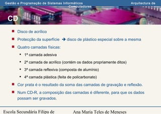 Ana Maria Teles de Meneses
Gestão e Programação de Sistemas Informáticos Arquitectura de
Computadores
Escola Secundária Filipa de
CD
 Disco de acrílico
 Protecção da superfície  disco de plástico especial sobre a mesma
 Quatro camadas físicas:
 1ª camada adesiva
 2ª camada de acrílico (contém os dados propriamente ditos)
 3ª camada reflexiva (composta de alumínio)
 4ª camada plástica (feita de policarbonato)
 Cor prata é o resultado da soma das camadas de gravação e reflexão.
 Num CD-R, a composição das camadas é diferente, para que os dados
possam ser gravados.
 