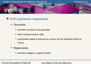 Ana Maria Teles de Meneses
Gestão e Programação de Sistemas Informáticos Arquitectura de
Computadores
Escola Secundária Filipa de
DVD
 DVD’s graváveis e regraváveis
 Graváveis:
 permitem somente uma gravação
 não é possível excluir nada
 acrescentar dados é possível se o disco não for finalizado (Disk At
Once).
 Regraváveis
 permitem apagar e regravar dados.
 