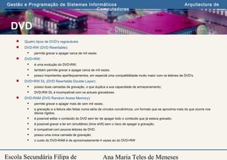 Ana Maria Teles de Meneses
Gestão e Programação de Sistemas Informáticos Arquitectura de
Computadores
Escola Secundária Filipa de
DVD
 Quatro tipos de DVD’s regraváveis
 DVD-RW (DVD Rewritable):
 permite gravar e apagar cerca de mil vezes.
 DVD+RW:
 é uma evolução do DVD-RW;
 também permite gravar e apagar cerca de mil vezes;
 possui importantes aperfeiçoamentos, em especial uma compatibilidade muito maior com os leitores de DVD’s.
 DVD+RW DL (DVD Rewritable Double Layer):
 possui duas camadas de gravação, o que duplica a sua capacidade de armazenamento;
 DVD-RW DL é incompatível com os actuais gravadores.
 DVD-RAM (DVD Random Acess Memory):
 permite gravar e apagar mais de cem mil vezes;
 a gravação e a leitura são feitas numa série de círculos concêntricos, um formato que se aproxima mais do que ocorre nos
discos rígidos;
 é possível editar o conteúdo do DVD sem ter de apagar todo o conteúdo que já estava gravado;
 é possível gravar e ler em simultâneo (time shift) sem o risco de apagar a gravação.
 é compatível com poucos leitores de DVD.
 possui uma única camada de gravação;
 o custo do DVD-RAM é de aproximadamente 4 vezes ao do DVD+RW
 