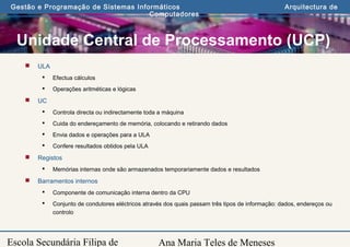 Ana Maria Teles de Meneses
Gestão e Programação de Sistemas Informáticos Arquitectura de
Computadores
Escola Secundária Filipa de
Unidade Central de Processamento (UCP)
 ULA
 Efectua cálculos
 Operações aritméticas e lógicas
 UC
 Controla directa ou indirectamente toda a máquina
 Cuida do endereçamento de memória, colocando e retirando dados
 Envia dados e operações para a ULA
 Confere resultados obtidos pela ULA
 Registos
 Memórias internas onde são armazenados temporariamente dados e resultados
 Barramentos internos
 Componente de comunicação interna dentro da CPU
 Conjunto de condutores eléctricos através dos quais passam três tipos de informação: dados, endereços ou
controlo
 