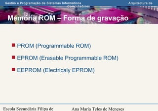 Ana Maria Teles de Meneses
Gestão e Programação de Sistemas Informáticos Arquitectura de
Computadores
Escola Secundária Filipa de
Memória ROM – Forma de gravação
 PROM (Programmable ROM)
 EPROM (Erasable Programmable ROM)
 EEPROM (Electricaly EPROM)
 