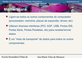 Ana Maria Teles de Meneses
Gestão e Programação de Sistemas Informáticos Arquitectura de
Computadores
Escola Secundária Filipa de
Motherboard
 Ligam-se todos os outros componentes do computador
(processador; memória; placas de expansão; drives; etc)
 Utilizam diversas interfaces (PCI, AGP, USB, Portas IDE,
Portas Serie, Portas Paralelas, etc) para receber/enviar
dados
 É um "meio de transporte" de dados para todos os outros
componentes.
 