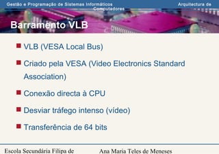 Ana Maria Teles de Meneses
Gestão e Programação de Sistemas Informáticos Arquitectura de
Computadores
Escola Secundária Filipa de
Barramento VLB
 VLB (VESA Local Bus)
 Criado pela VESA (Video Electronics Standard
Association)
 Conexão directa à CPU
 Desviar tráfego intenso (vídeo)
 Transferência de 64 bits
 