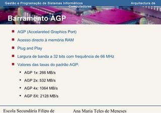 Ana Maria Teles de Meneses
Gestão e Programação de Sistemas Informáticos Arquitectura de
Computadores
Escola Secundária Filipa de
Barramento AGP
 AGP (Accelareted Graphics Port)
 Acesso directo à memória RAM
 Plug and Play
 Largura de banda a 32 bits com frequência de 66 MHz
 Valores das taxas do padrão AGP:
 AGP 1x: 266 MB/s
 AGP 2x: 532 MB/s
 AGP 4x: 1064 MB/s
 AGP 8X: 2128 MB/s
 