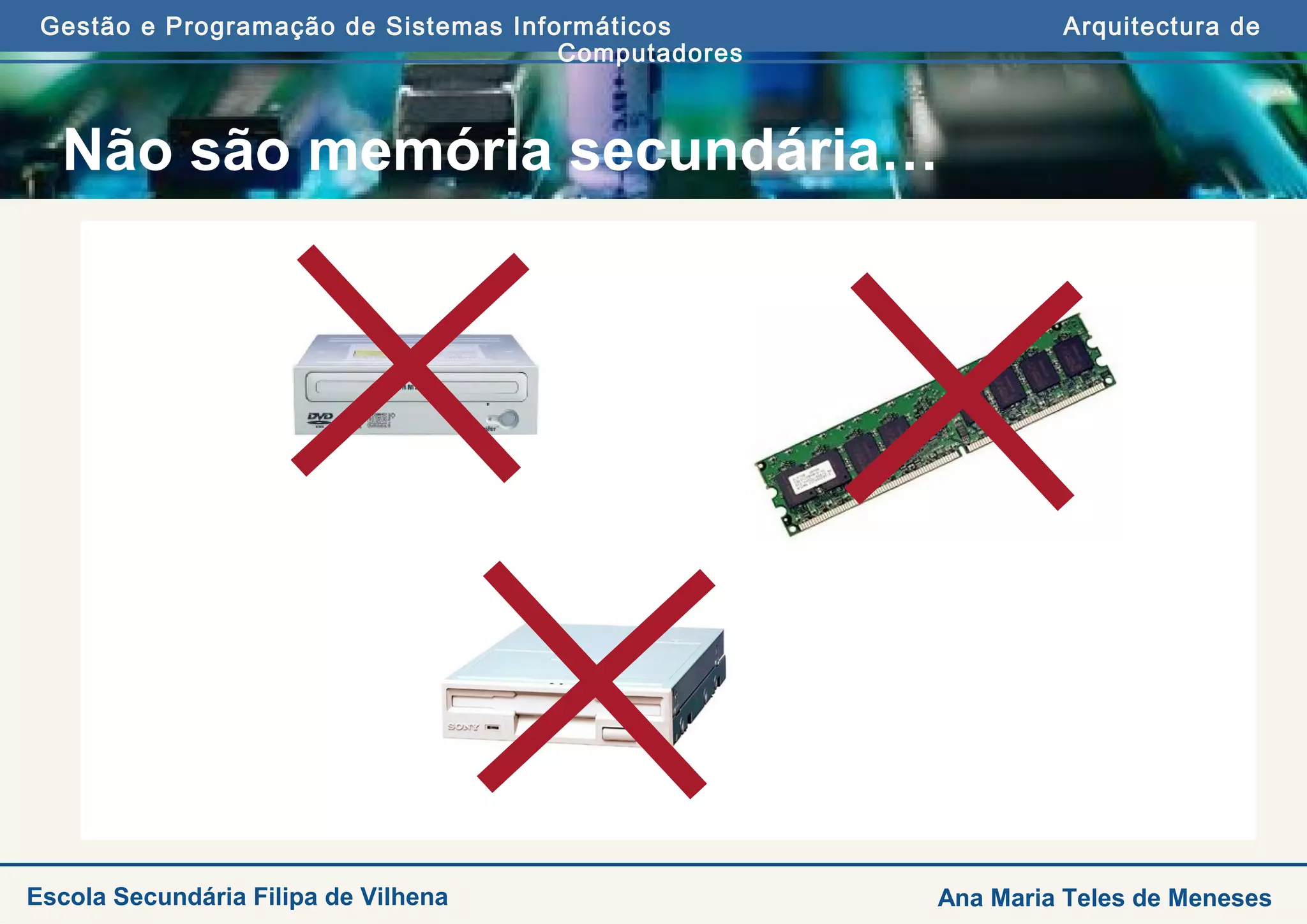 Gestão e Programação de Sistemas Informáticos Arquitectura de
Computadores
Ana Maria Teles de MenesesEscola Secundária Filipa de Vilhena
Não são memória secundária…
 