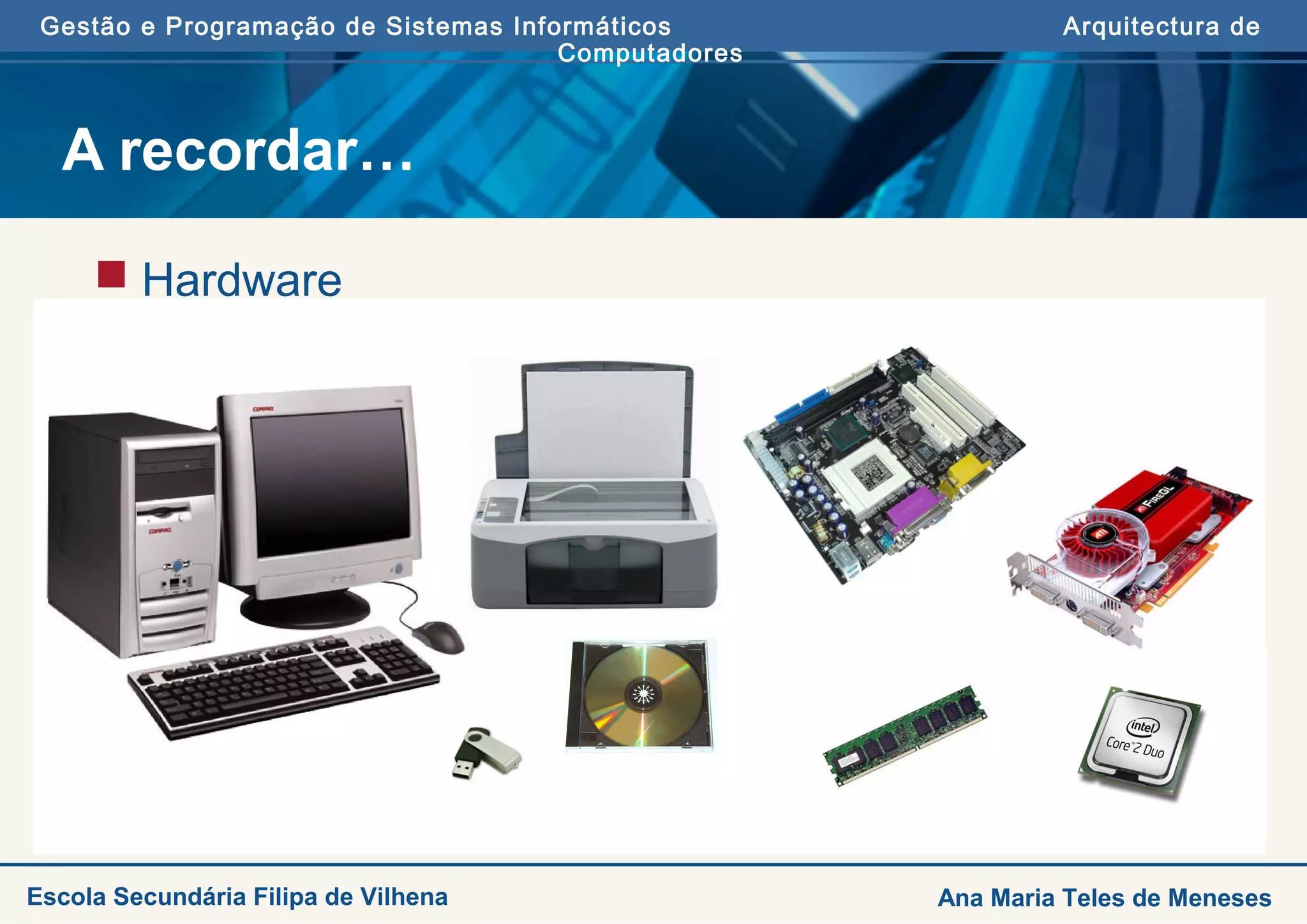Gestão e Programação de Sistemas Informáticos Arquitectura de
Computadores
Escola Secundária Filipa de Vilhena Ana Maria Teles de Meneses
A recordar…
 Hardware
 