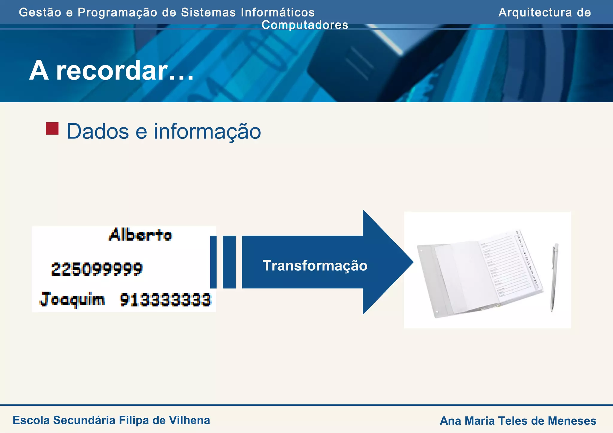 Gestão e Programação de Sistemas Informáticos Arquitectura de
Computadores
Escola Secundária Filipa de Vilhena Ana Maria Teles de Meneses
A recordar…
 Dados e informação
Transformação
 